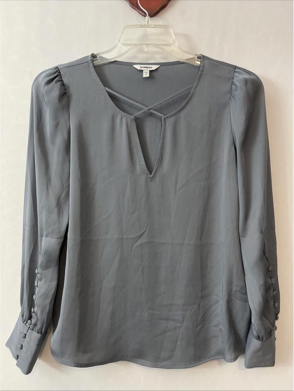 Express Womens Small Gray Vneck Button-Sleeve Lightweight Classy Blouse! A1022